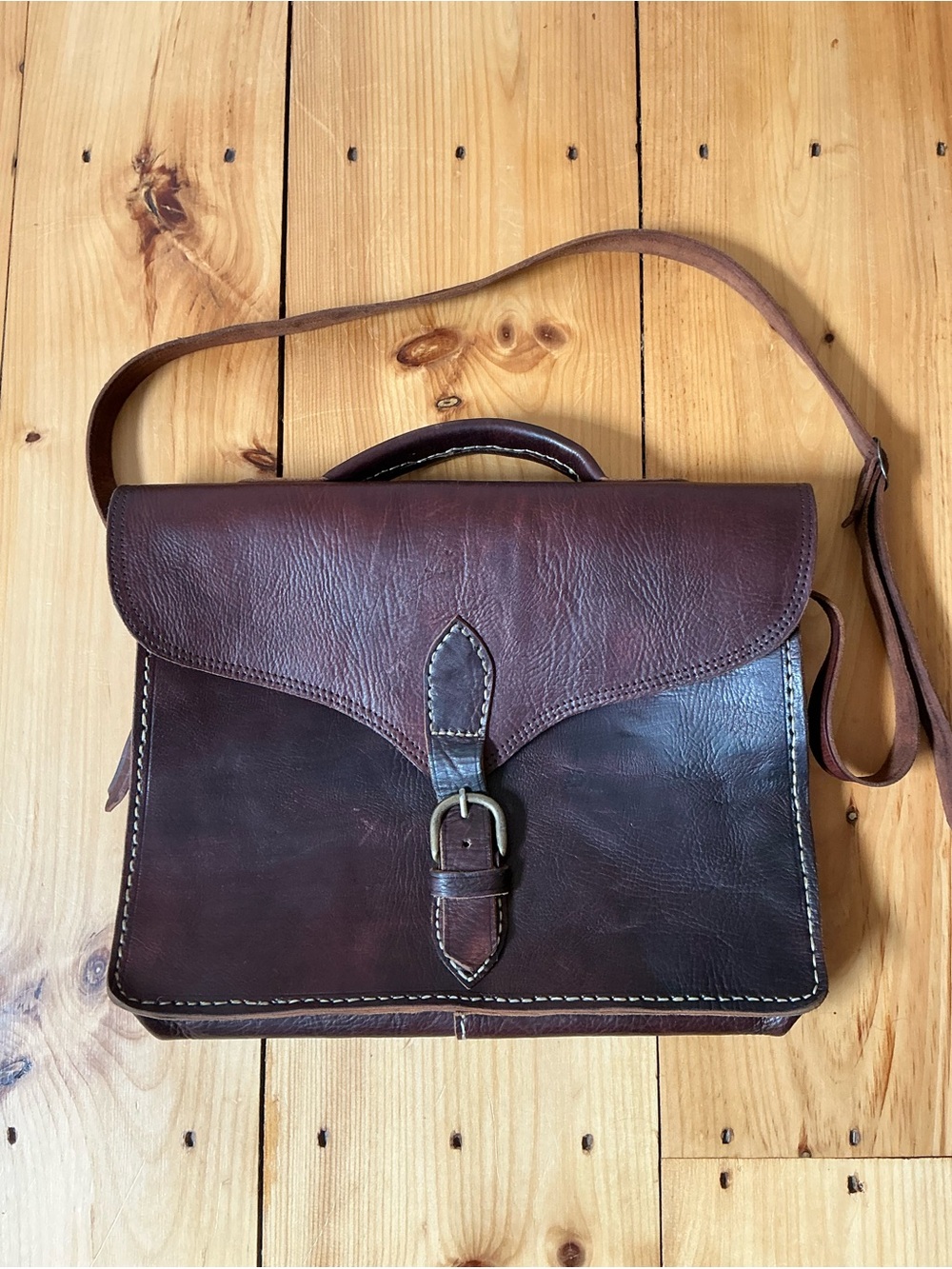 Vintage Rugged Full-Grain Leather Crossbody Satchel • Hand-Stitched Brown